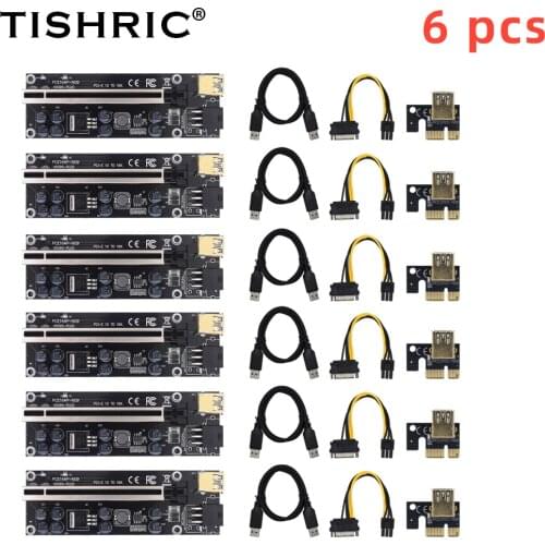 6pcs TISHRIC PCI-E Riser 009s Plus Card PCIE PCI E Extender GPU X16 USB 3.0 to 6pin Adapter Cable Mining Riser For Video Card