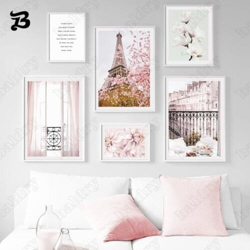 City Landscape Paris Canvas Painting Pink Flowers Nordic Canvas Poster Wall Art Print Canvas Painting Wall Decor for Living Room