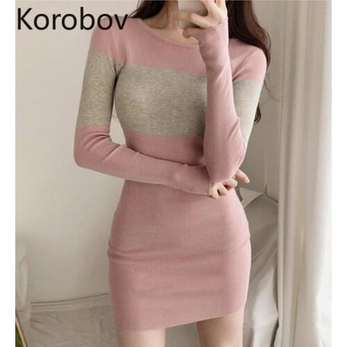 Korobov Women Sexy Slim Dress Knitted O Neck Long Sleeve Hit Color Patchwork Female Dresses Vintage Streetwear Bandage Vestidos