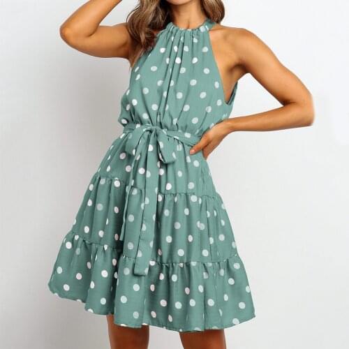 Plus size Sexy Dress Women Sleeveless Ruffled Halter Dots Print Waist Belt A Line Mini Dress Dots Print A-Line Dress 2020