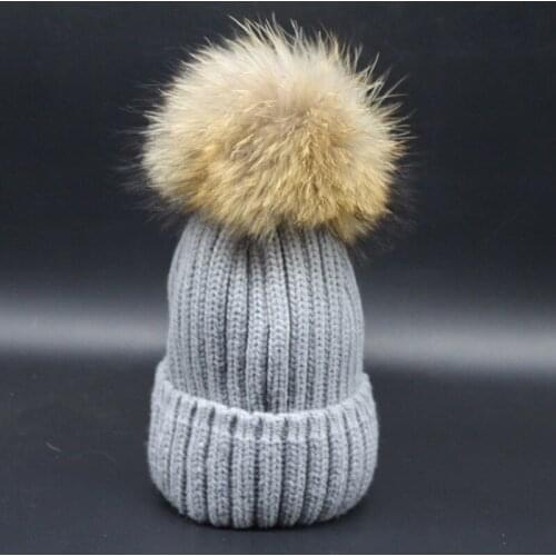 Hot sell thick version warm big size pom pom 18cm hat genuine raccoon fur beanies multi colors knitted hat women men beanies