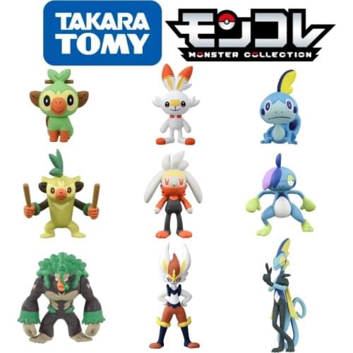 TOMY Pokemon Figures Monster Collection Sword And Shield Kawaii Initial Pokémon Evolution Grookey Scorbunny Anime Childs Gifts