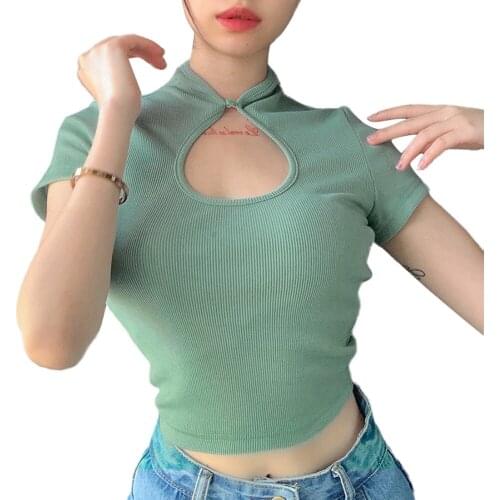Women Round Neck Hollow Out Solid Color Exposed Navel T-Shirt Short Sleeve Top Without Fading Bright And Cute S M L