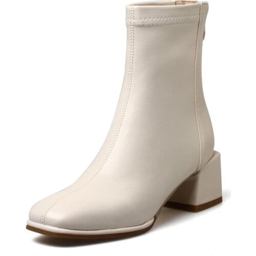 New Autumn Winter Women Ankle Boots Fake Leather Fashion Female Mid Square Heel Shoes Black Apricot Beige Sewing Square Toe Boot