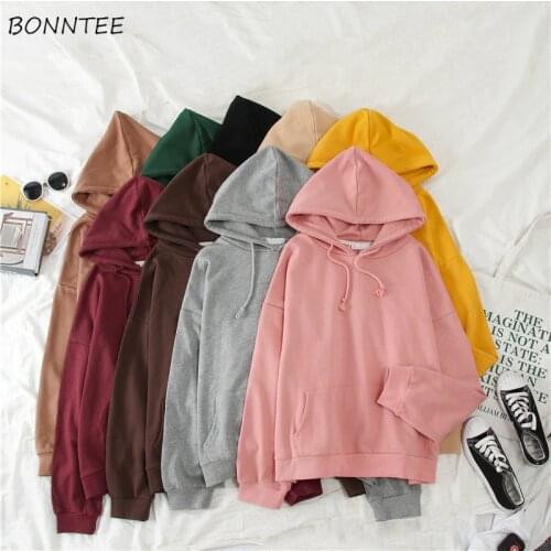 Hoodies Women Solid Loose Hooded Simple Elegant All-match Korean Style Harajuku Womens Candy Color Leisure Pullover Clothes Chic