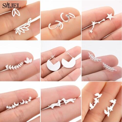SMJEL Bohemia Leaves Ear Cuff Climber Earrings Botanical Jewelry Women Earing Ear Crawlers Star Dog Round Earings Studs