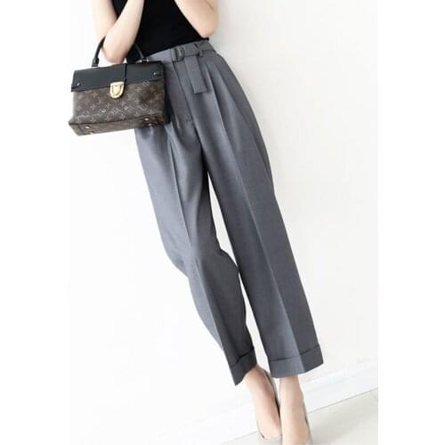 Spring Autumn Korea Fashion Women High Waist Ankle-length Wide Leg Pants Office Work Casual Loose OL Gray Pants Plus Size V444