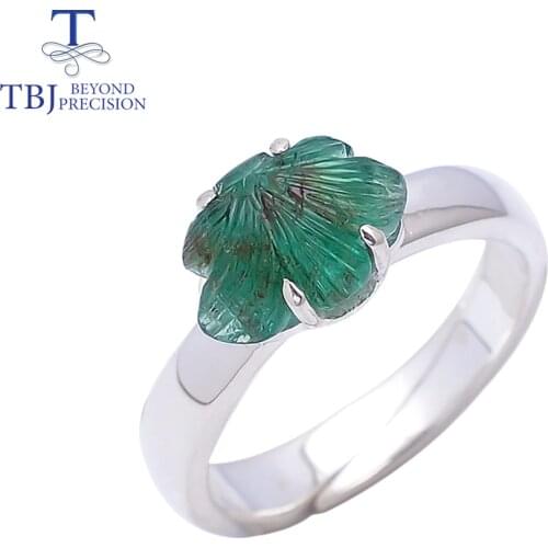 TBJ , Natural Emerald handmade women Ring ,Engraving tree leaf design gemstone Jewelry pure 925 sterling silver limited quantity