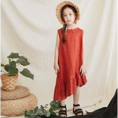 2021 ins Summer Bevel-Skirt Dress Natural Cotton and Linen Texture Kids Girls Irregular Lace Sleeveless Vest Dress Red vintage