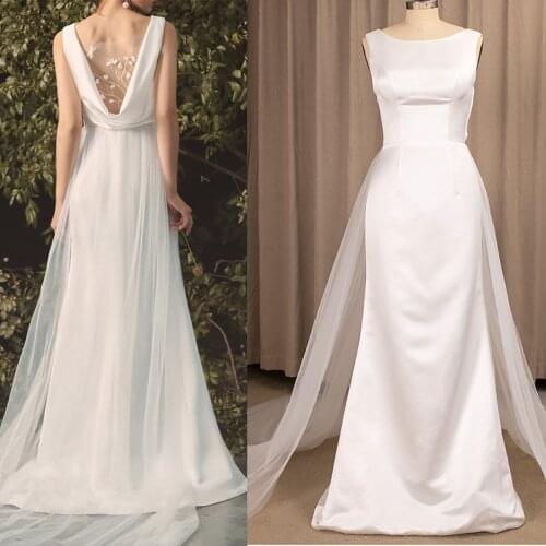 Satin Mermaid Wedding Dress With Tulle Over Skirt Appliqued Back Side Zipper Romantic 2021 New Illusion Lace Bridal Gowns #4204