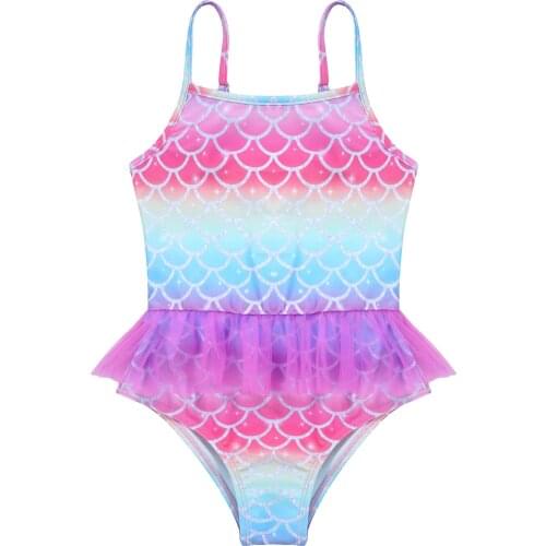 Kids Girls Bodysuit Shiny Mermaid Rainbow Printed Tulle Leotard Swimwear Childrens One-Piece Swimming Bathing Suit Bikini