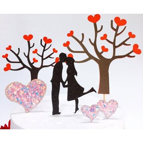 DIY Wedding Valentines Day Cake Topper Black With Red Hearts Love Tree Cake Flags Boy & Girl Birthday Party Cake Baking Decor