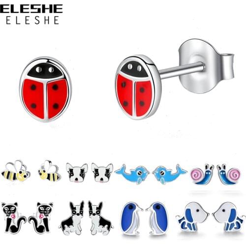 ELESHE Cute Animals Bee Dolphin Cat Dog Ladybug Enamel Earrings 925 Sterling Silver Stud Earrings for Girls Kids Women Jewelry