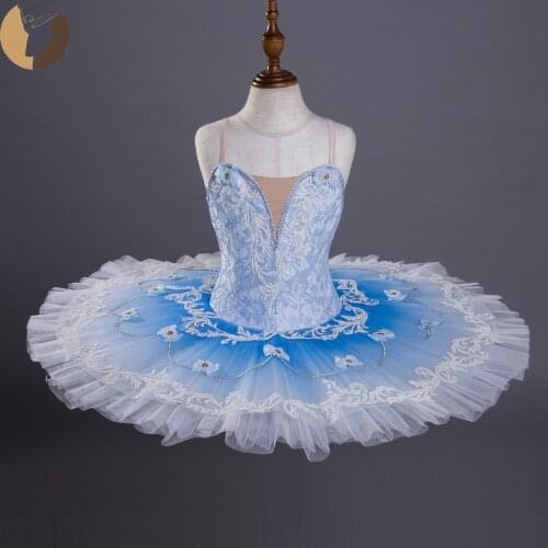FLTOTURE Professional Classical Ballet Pancake Platter Tutu Swan Lake Stage Costumes Dresses JY2556 Sky Blue Lace Tutus For Girl
