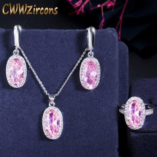 CWWZircons Super Sparkling Long Oval Pink Cubic Zircon Engagement Ring Necklack and Earrings Set Trendy Ladies Jewelry Gift T431