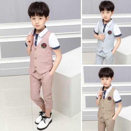Summer Flower Boys Vest Sets Childrens British Striped Vest Pants 2pcs Outfits Kids Wedding Party Performance Catwalk Costume