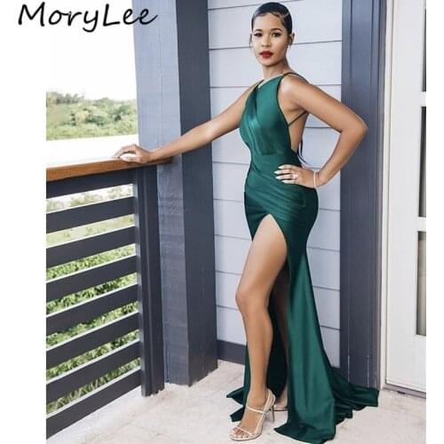 Backless Bridesmaid Dresses African Spaghetti Straps Sweep Train Side Slit Silk Satin Pleated Wedding Party Bridemaid Dresses