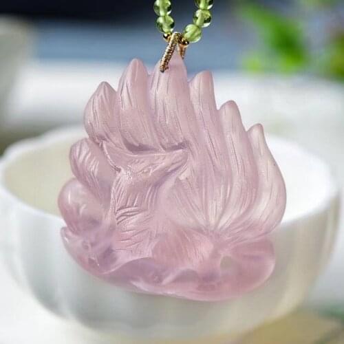 Genuine Natural Pink Rose Quartz Star Light 9 Tails Fox Pendant 48*44.6*18mm Necklace Women Men Heart Love Jewelry AAAAA