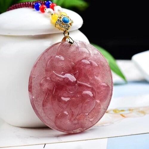 Strawberry Natural Crystal Pendants Hand Carved Nine Tails Fox Pendants Garnet Stone Chain Necklace Lucky for Women Jewelry