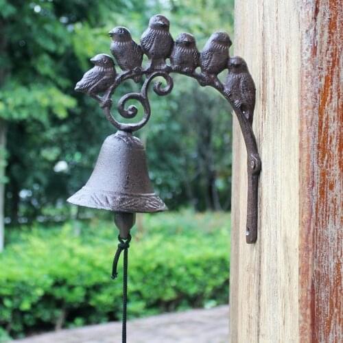 Retro Six Bird On Branch Cast Iron Wall Bell European Rustic Home Garden Decor Wall Mounted Handing Cranking Welcome Door Bell