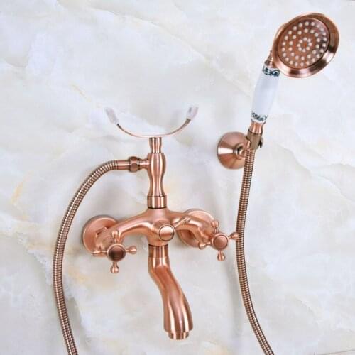 Modern Antique Red Copper Bathroom Tub Faucet Wall Mounted Mixer Tap W/ Telephone Style Hand Shower Sprayer zna370