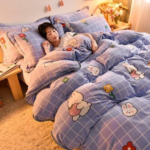 Winter Warm Flannel 3/4pcs Bedding Set Milk Velvet Quilt Duvet Cover Cartoon Thickened Snow Fleece Bed Sheet Pillowcase Sets