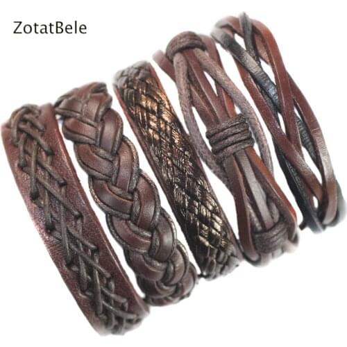 ZotatBele Handmade Vintage 5pcs/lot ethnic tribal genuine bracelet wrap charming male pulsera brown braided leather bracelet X33