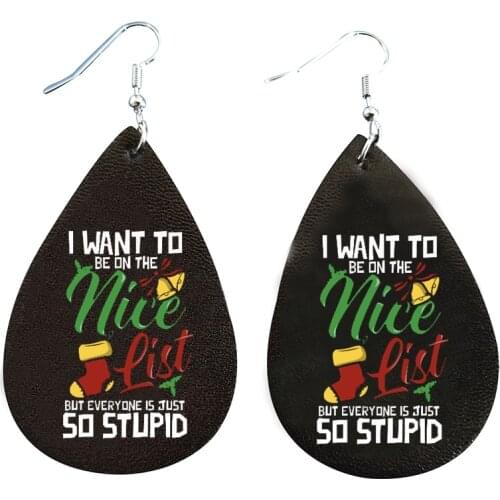 I Want to Be On The Nice List Faux Leather Teardrop Earrings Double Print Boo Pumpkin Printed Earrings Wholesale New
