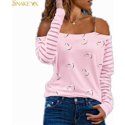 SNAKE YX Graphic Tee Autumn Womens Love Printed Strapless Sexy Long Sleeve Top Soft Comfortable Bottoming Shirt Woman Tshirts