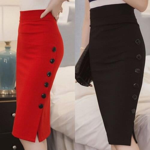 Womens Ladies Button Split Bodycon Office Skirt High Waisted Midi Pencil Skirt
