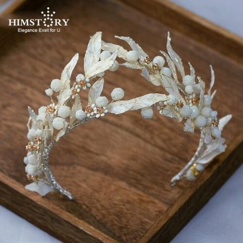 HIMSTORY Handmade Flower & Pearls Brides Tiaras Crowns White Headbands Bridal Hairbands Wedding Hair Accessory Prom Head Wear