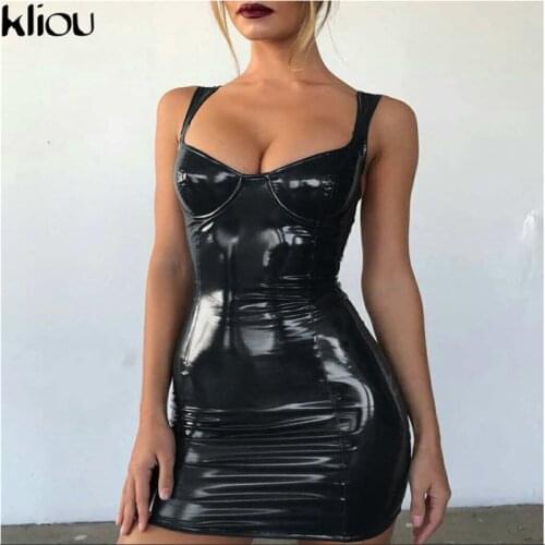 Kliou PU Leather Solid Mini Dresses Women Sexy Low Neck Backless Skinny Skirts Female Bodycon Party Clubwear Hot Outfits