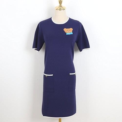 Women Luxury Brand Party Dress O-Neck Short Sleeve Casual Pure Color Dress High Quality Embroidered Bear Dress New Clothing 2021