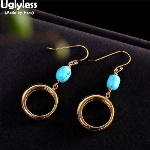 Uglyless Natural Turquoise Bohemia Circles Earrings for Women Real 925 Silver Drop Earrings Exotic Summer Fashion Dress Jewelry