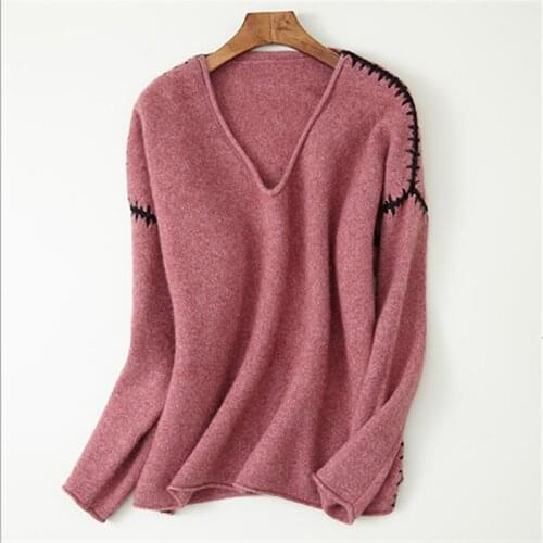 Pure goat cashmere knit women fashion handmade sewed spliced Vneck pullover sweater H-straight wide loose solid color S/M/L