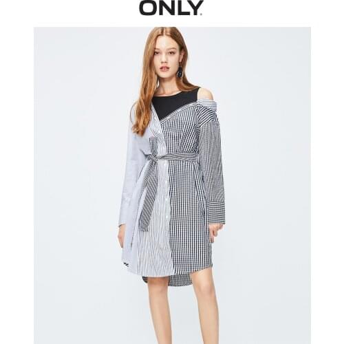 ONLY Womens Long sleeve plaid stitching striped fake two-piece shirt dress | 119307599