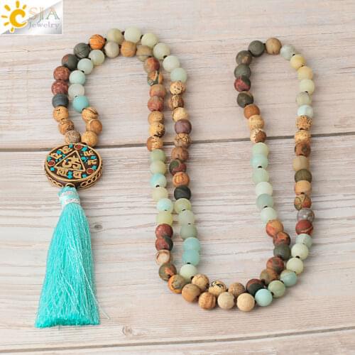 CSJA Mala Necklace 108 Natural Stones Japamala Matte Amazonite Female Long Necklaces Bohemian Meditation Jewelry Collier S672