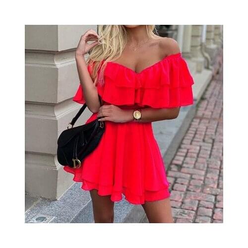 Womens V-neck Strapless A-line Skirt Mini Dress Ladies Fashion Sexy Slim Ruffled XL SunDress Casual Dress Summer Beach Dresses
