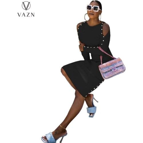 VAZN 2021 Autumn Knit Pencil Long Dress Sweet Solid Office Lady Off Shoulder Full Sleeve High Waist Young Vestidos For Female