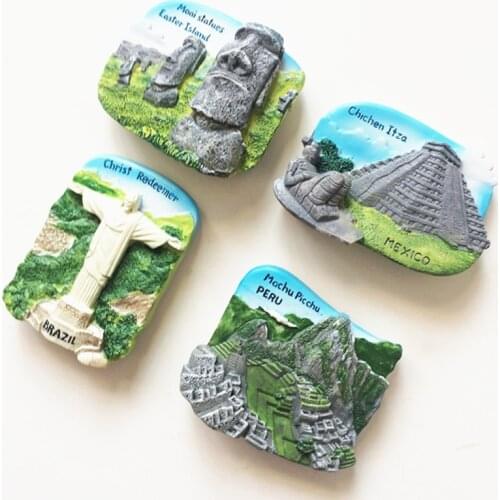 3D Resin Refrigerator Fridge Magnet Chile Easter Island, Mexico Chichen Itza, Peru Machu Picchu, Brazil Christ Redeemer Souvenir