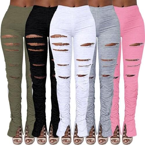 Distressed Ripped High Waist Ruched Stacked Pants Sweatpants Women Joggers Hole Elastic Split Bell Bottom Trousers Streetwear
