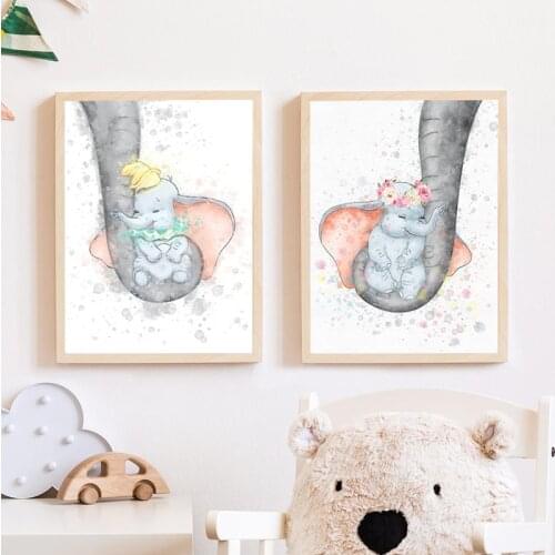Baby Elephant with Mums Trunk Pastel Mrs Jumbo Posters Watercolor Cartoon Elephants Canvas Art Prints Nursery Kids Room Decor