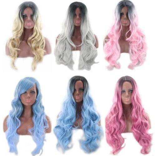High Quality Two Tone Black Roots Long Wavy Black Grey Ombre Wig Synthetic Hair Natural Blue Pink Blonde Cosplay Wigs For Women