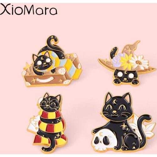Star Moon Witch Cat Enamel Pin Witchcraft Hat Skull Floral Brooches For Women Badge Bag Clothes Lapel Pin Jewelry Gift Wholesale