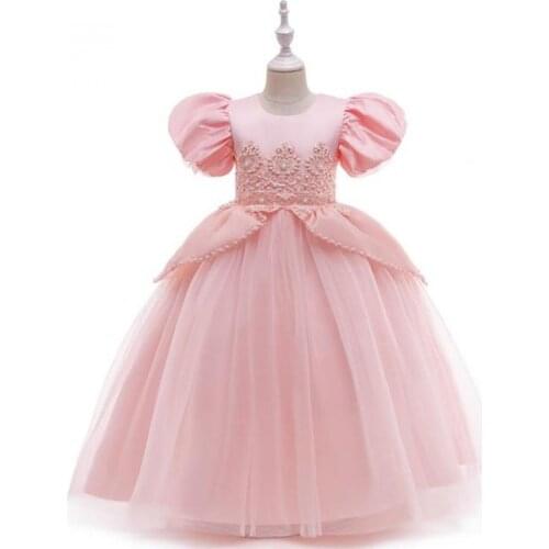 Summer Children Princess Dress for 3 - 10 Years Girls Pearl Embroidered Lace Elegant Dress Puff Sleeve Dress Boutique Party Gown