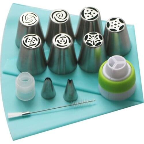 13pcs Russian Icing Piping Nozzles Tulip Stainless Steel Flower Cream cake Pastry Tips Leaf Nozzles Silicone Bag Cupcake Dessert