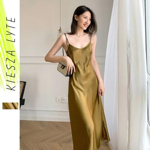 Luxury Satin Dress for Women 2021 Summer Vintage Design Yellow Strap A Line Dresses Sexy Party Ladies Outfit Vestido de mujer