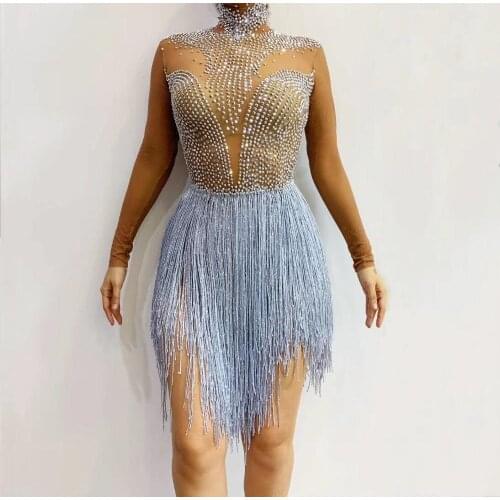 Shining Silver Rhinestones Fringes Bodysuit Womens Birthday Prom Celebrate Transparent Leotard vening Dance Big Stretch Costume