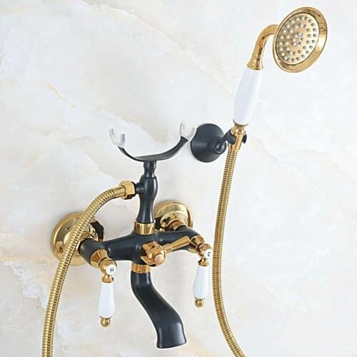 Oil Rubbed & Gold Brass Two Handle Wall Mounted Bathroom Bath Tub Faucet Set with 150CM Hand Held Shower Spray Mixer Tap 2na576