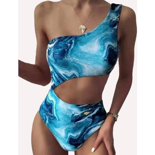 Sexy Diagonal Shoulder Marble Hollow Print Swimsuit 2021 New Bikini Wavy Swimming Suit for Women One Piece